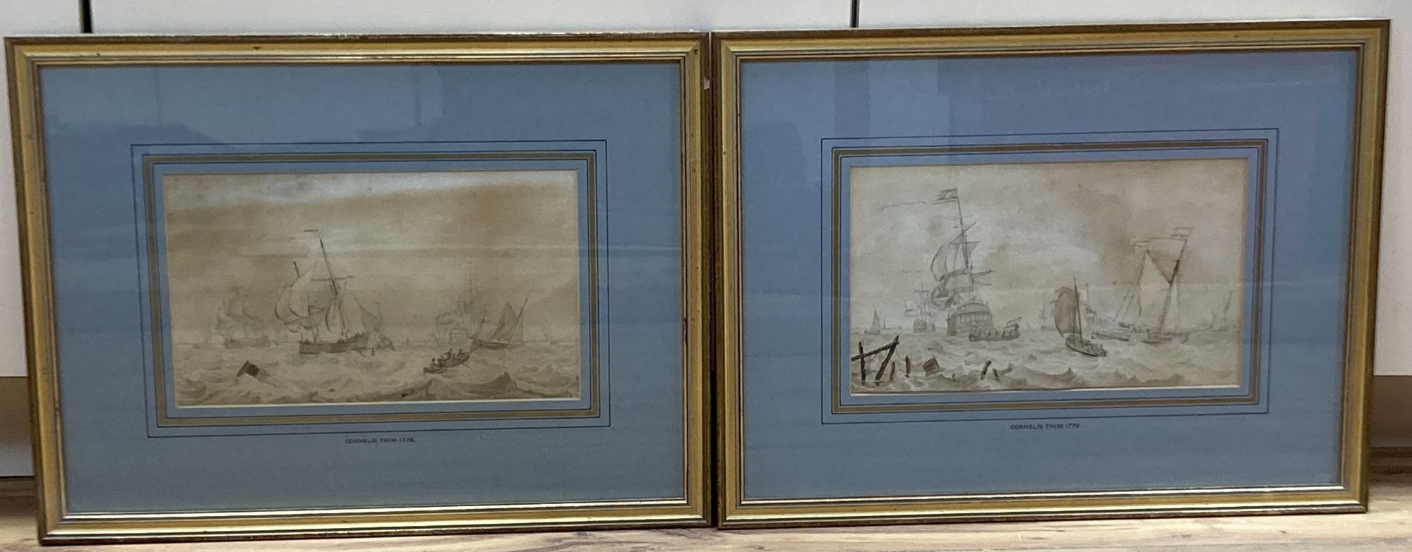 Attributed to Cornelis Thim (1754-1813), pair of ink and wash studies, Shipping at sea, 16 x 27cm